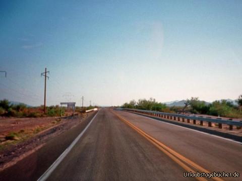 Straße: kilometerlange schnurgerade Straßen führen uns durch die Wüste