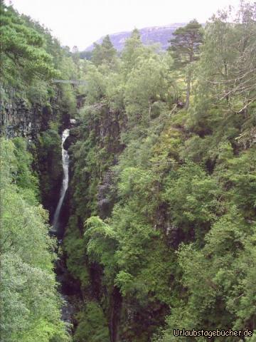Corrieshalloch Gorge: der 46 m hohe Wasserfall Falls of Measach
stürzt in die 1,5 km lange und 60 m tiefe Schlucht Corrieshalloch Gorge
(und direkt darüber ist die Fußgängerbrücke, die wir überquert haben)