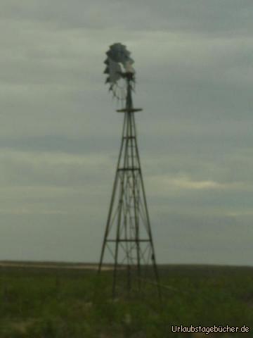 Westernmill: auf unserem Weg von Texas nach New Mexico
fahren wir auch an unzähligen solcher Western-Windrädern vorbei,
die ebenfalls Pumpen (Windpumpen) sind, aber zur Be- und Entwässerung
(entwickelt 1854 von Daniel Halladay zu genau diesem Zweck)